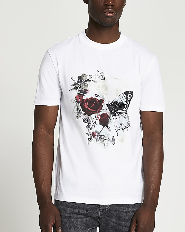White floral graphic slim fit t-shirt