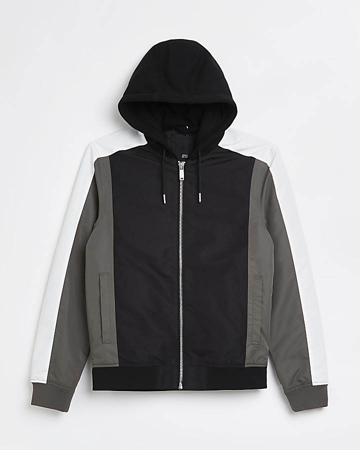 Grey hooded colour block bomber jacket