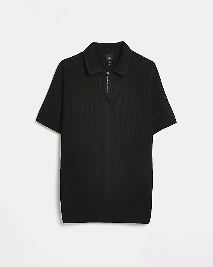 Black muscle fit knitted polo shirt