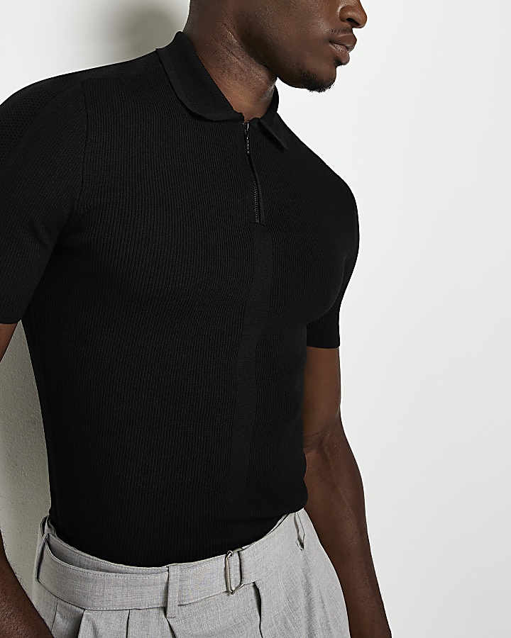 Black muscle fit knitted polo shirt