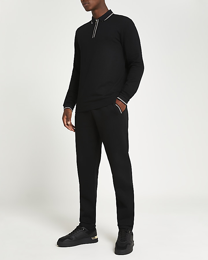 Black zip slim fit long sleeve polo shirt