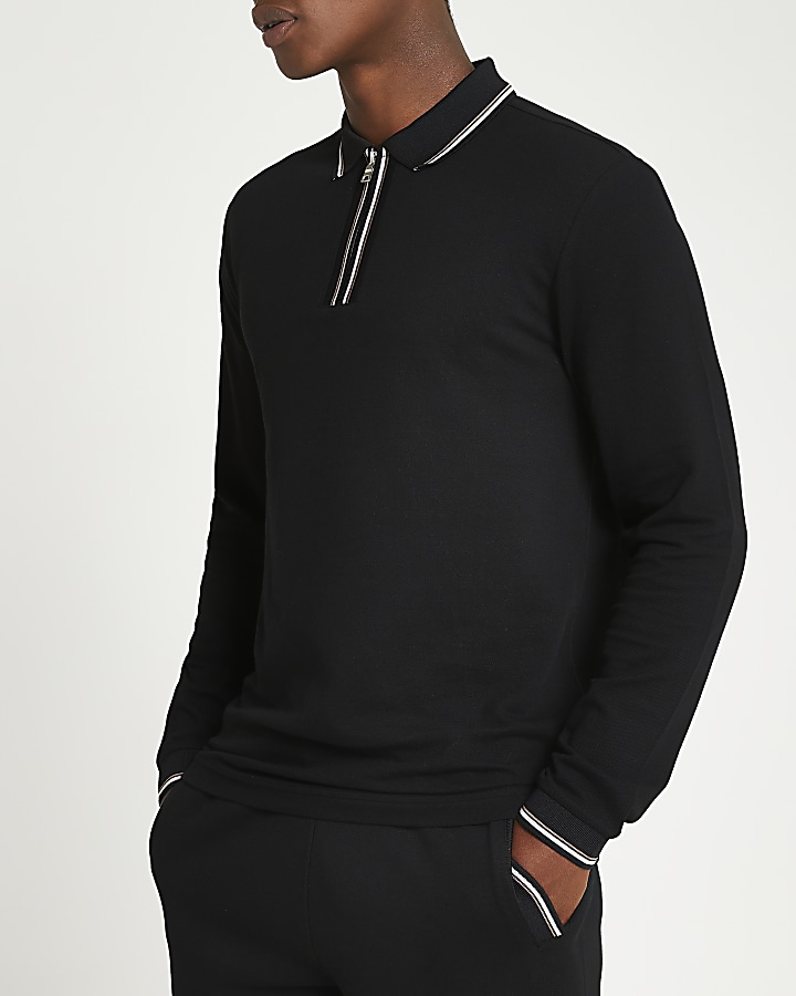 Black zip slim fit long sleeve polo shirt