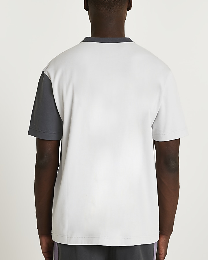 Grey regular fit curved colour block t-shirt