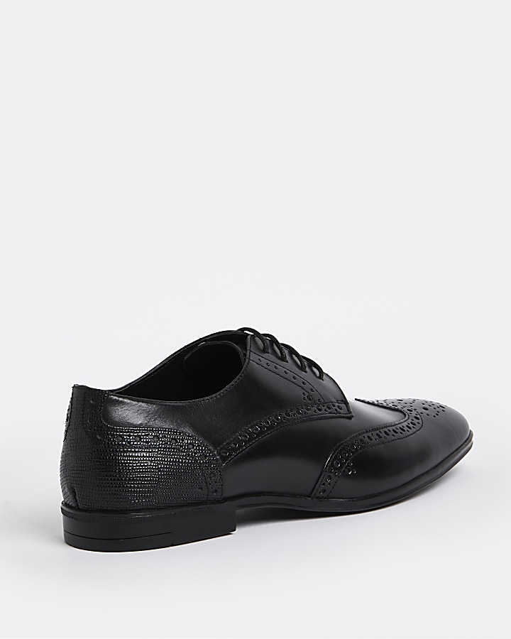 Black wide fit leather brogue derby shoes