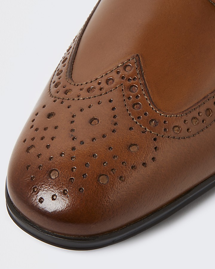 Brown wide fit leather brogue derby shoes