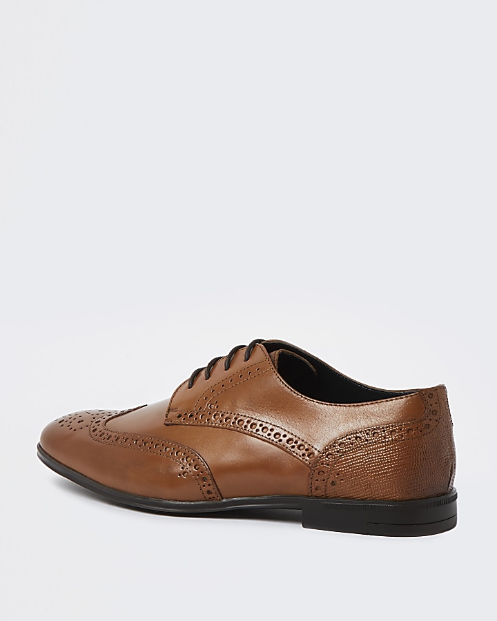 Brown wide fit leather brogue derby shoes | River Island
