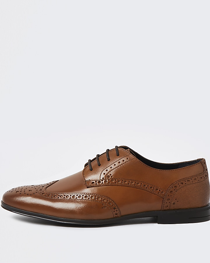Brown wide fit leather brogue derby shoes