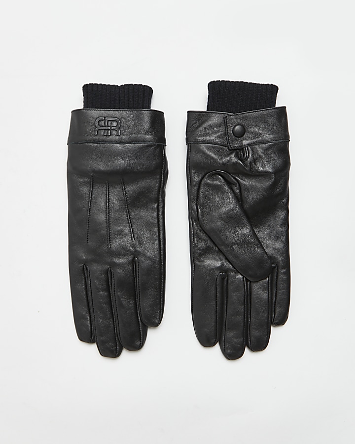 Black leather RI branded gloves