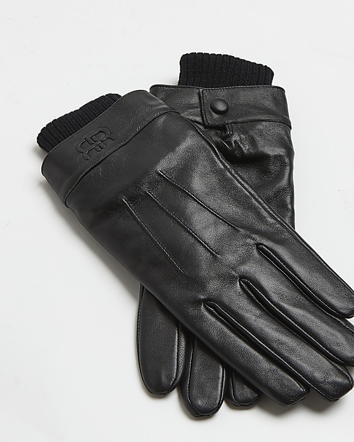 Black leather RI branded gloves