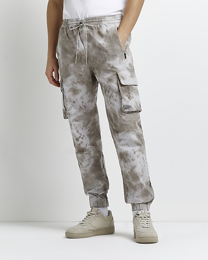 Grey slim fit tie dye cargo trousers