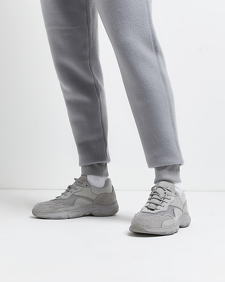 Nushu grey 3d trim lace up leather trainers | River Island