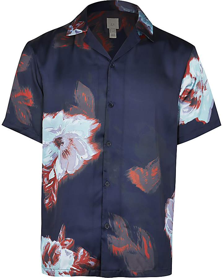 Navy floral revere short sleeve shirt