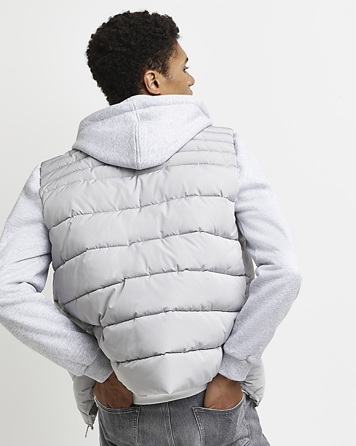 Grey hooded hybrid quilted jacket