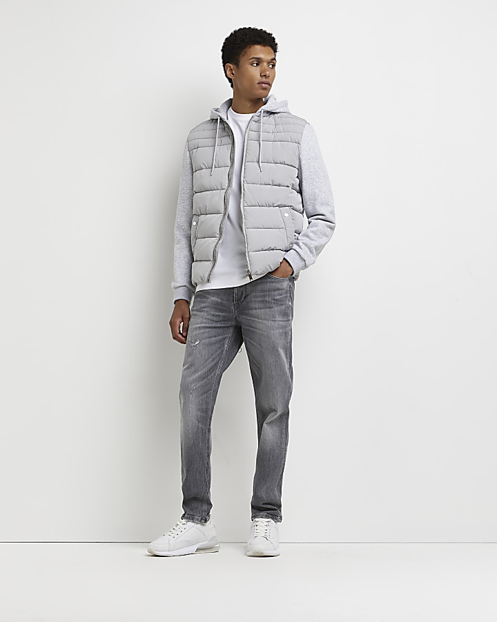 Grey hooded hybrid quilted jacket