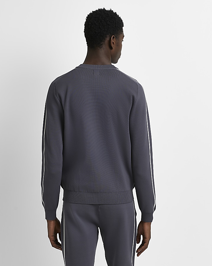 Grey slim fit piping detail knit jumper