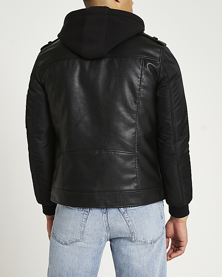 Black hooded biker jacket