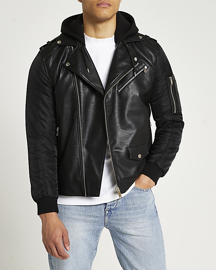 Black hooded biker jacket