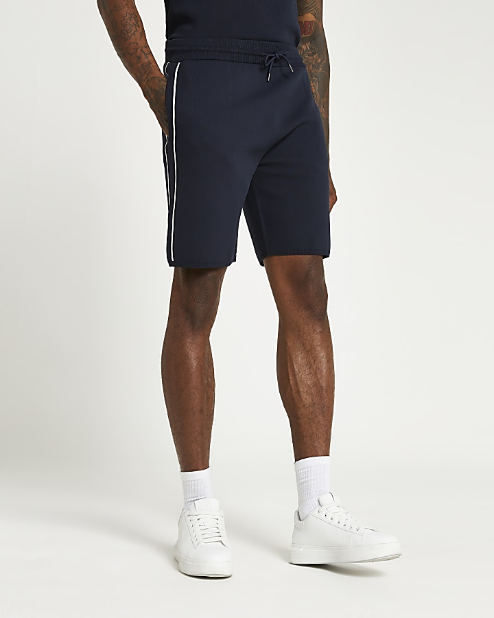 Navy slim fit side piped shorts