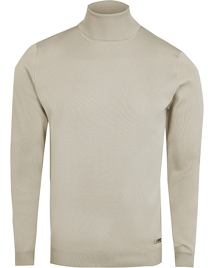Stone slim fit smart knitted roll neck jumper
