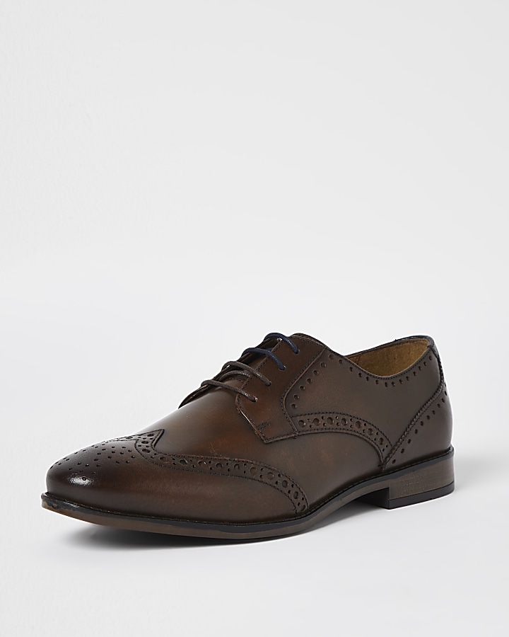 Dark brown leather wide fit brogue shoes