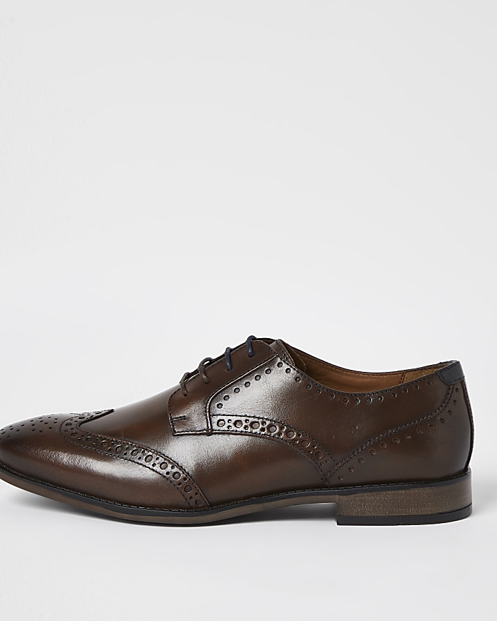 Dark brown leather wide fit brogue shoes