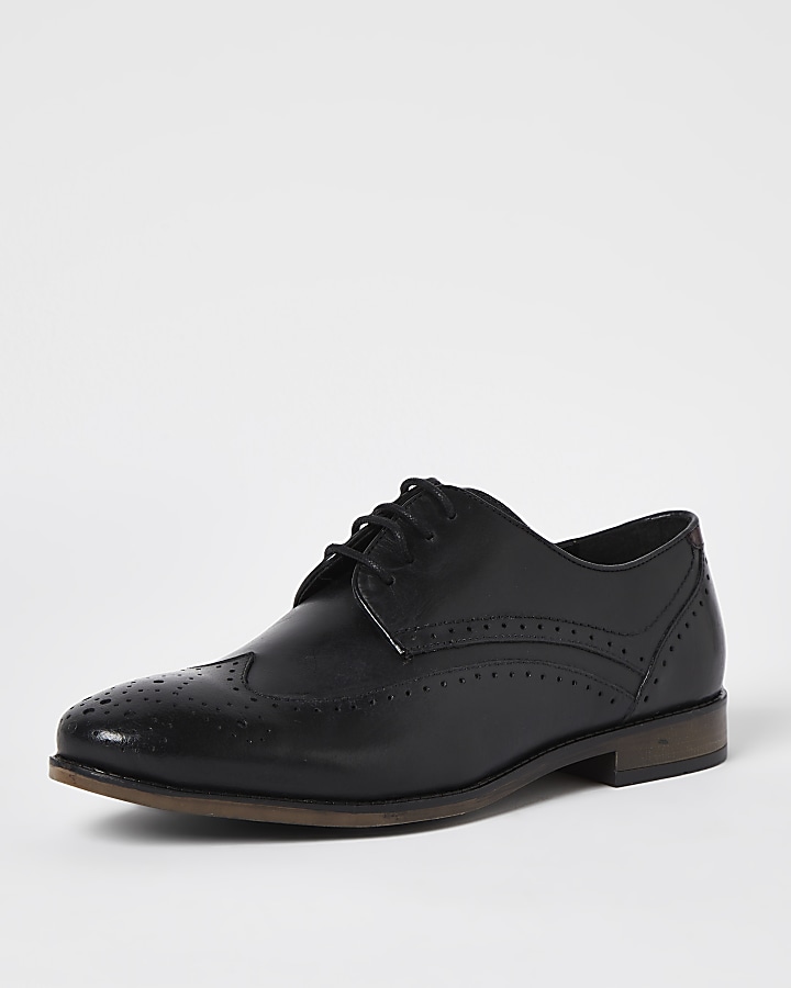 Black leather wide fit brogue shoes