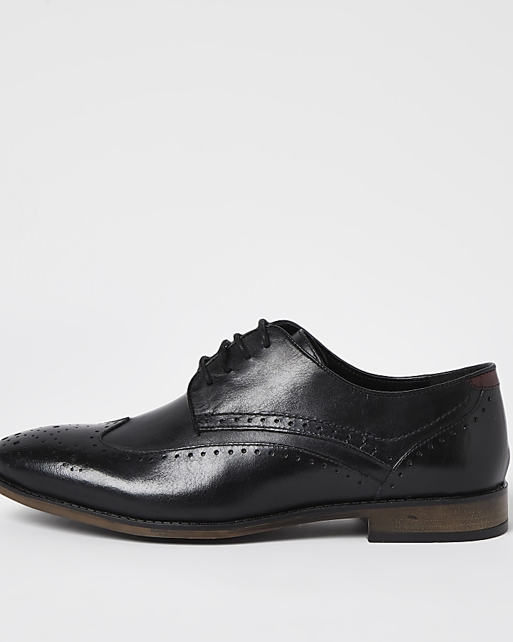 Black leather wide fit brogue shoes