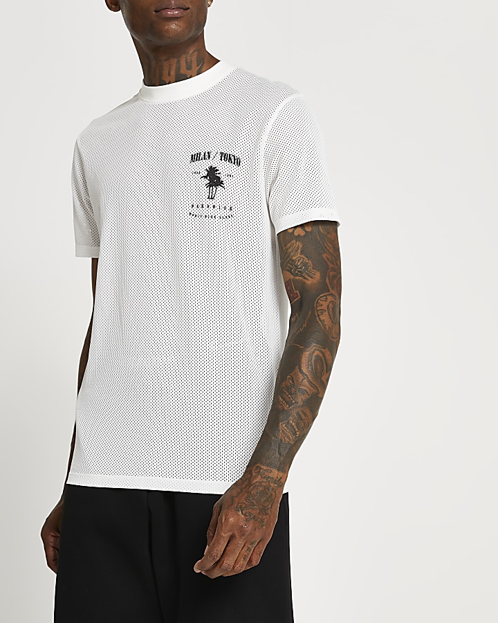 White slim fit mesh graphic t-shirt