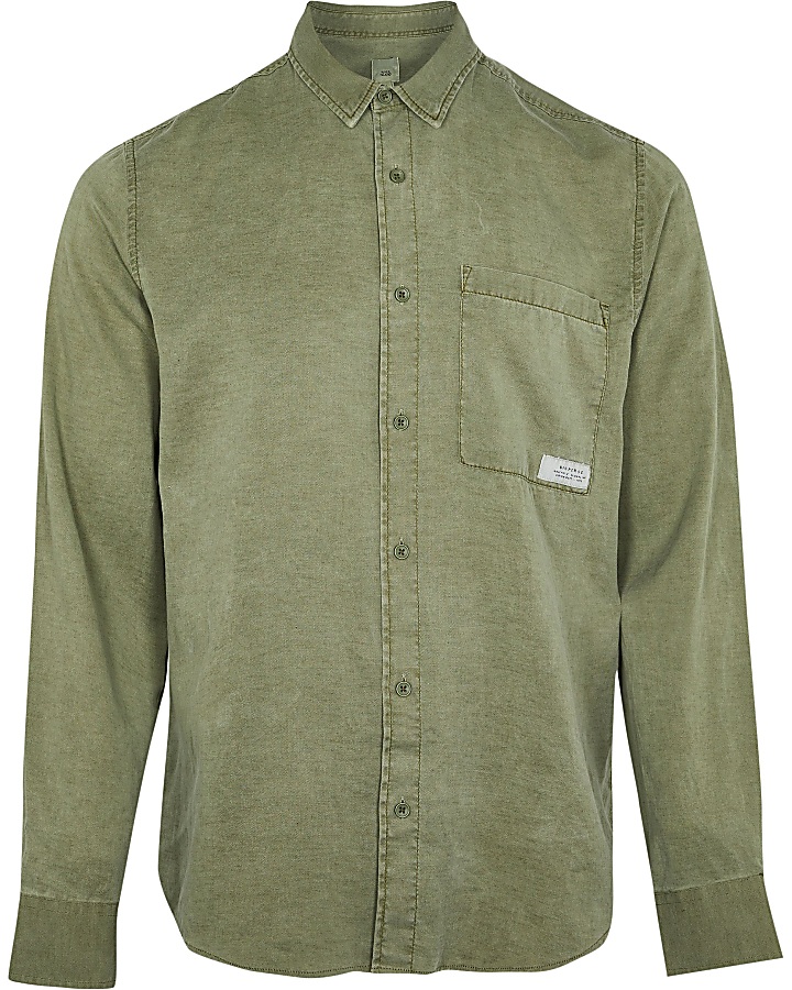 Khaki lyocel pocket long sleeve shirt