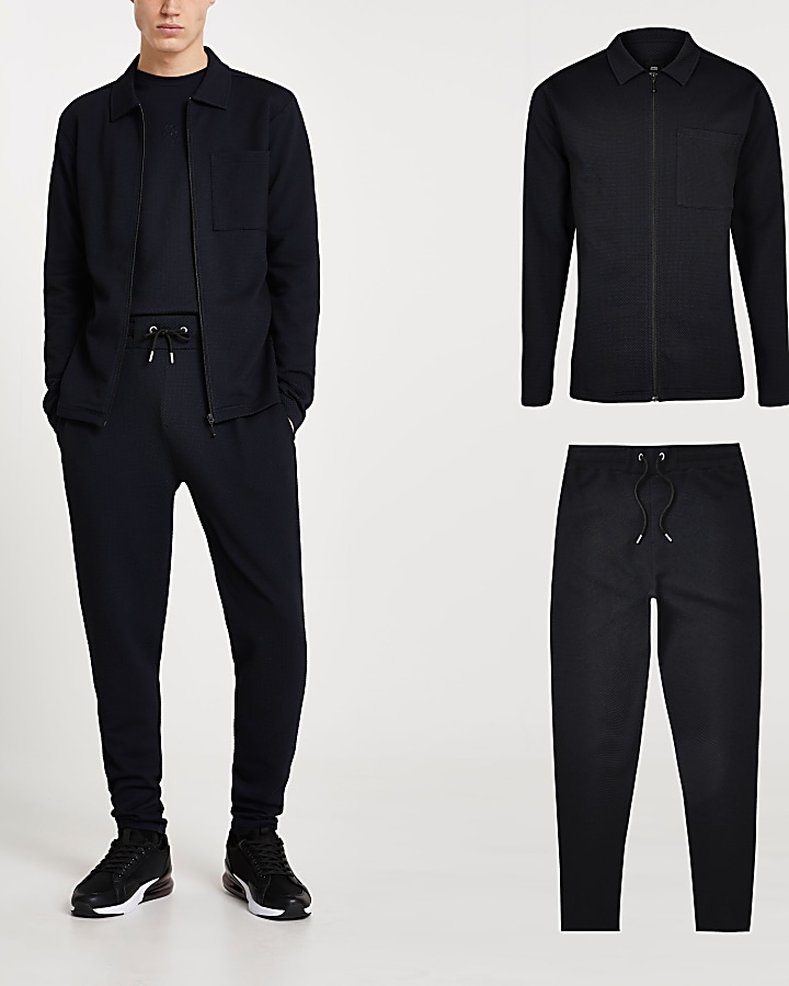Navy textured slim fit jacket and jogger set