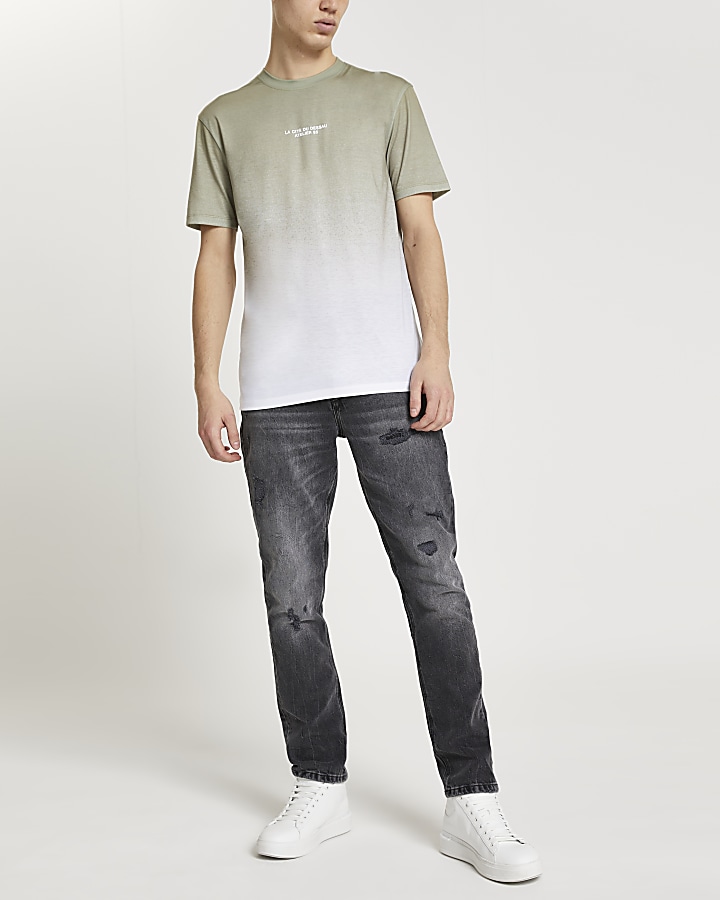 Khaki textured fade slim fit t-shirt