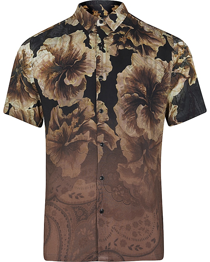 Black floral fade slim fit short sleeve shirt