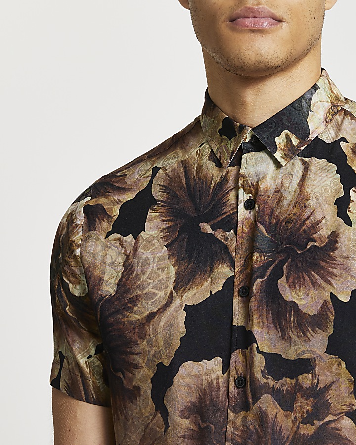 Black floral fade slim fit short sleeve shirt