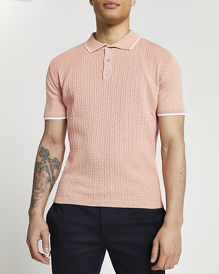 Pink weave knitted short sleeve polo shirt