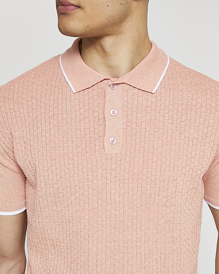 Pink weave knitted short sleeve polo shirt