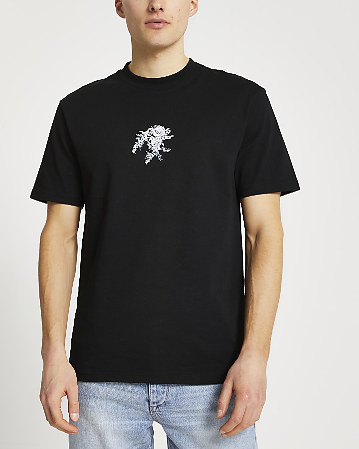 Black floral embroidered regular fit t-shirt