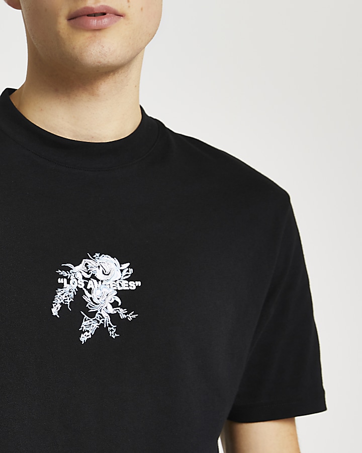 Black floral embroidered regular fit t-shirt