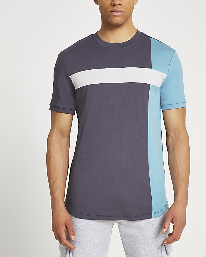 Grey colour block slim fit t-shirt