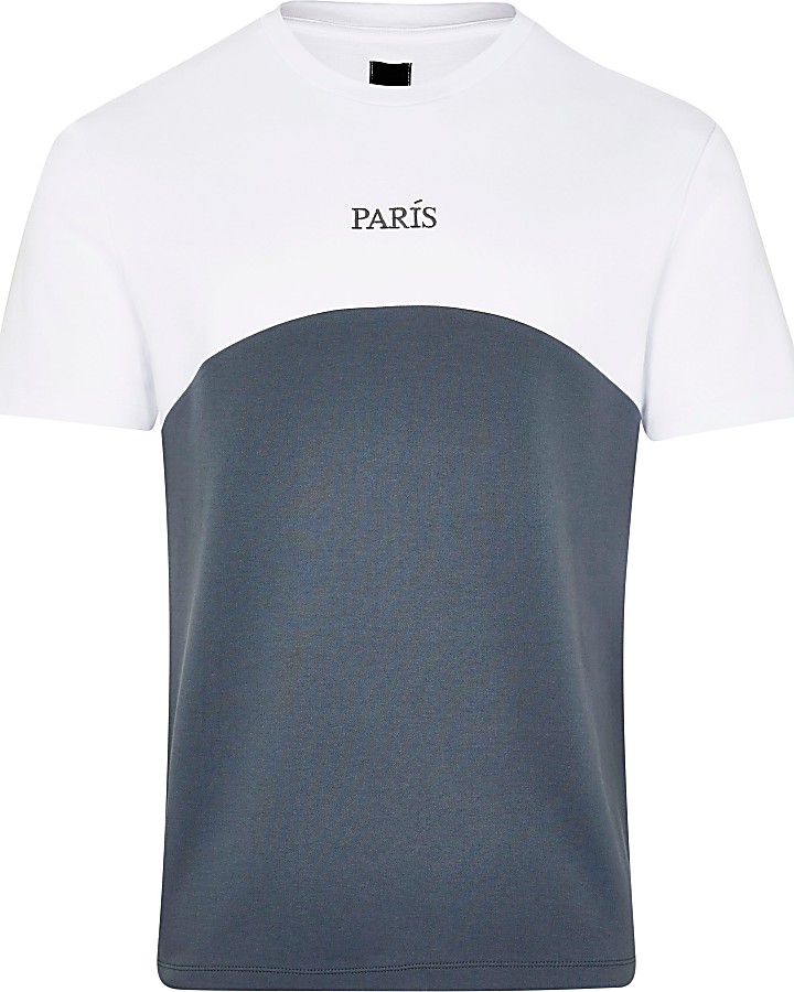 Grey graphic colour block slim fit t-shirt