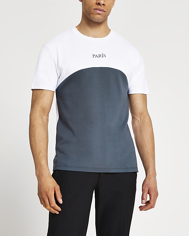 Grey graphic colour block slim fit t-shirt