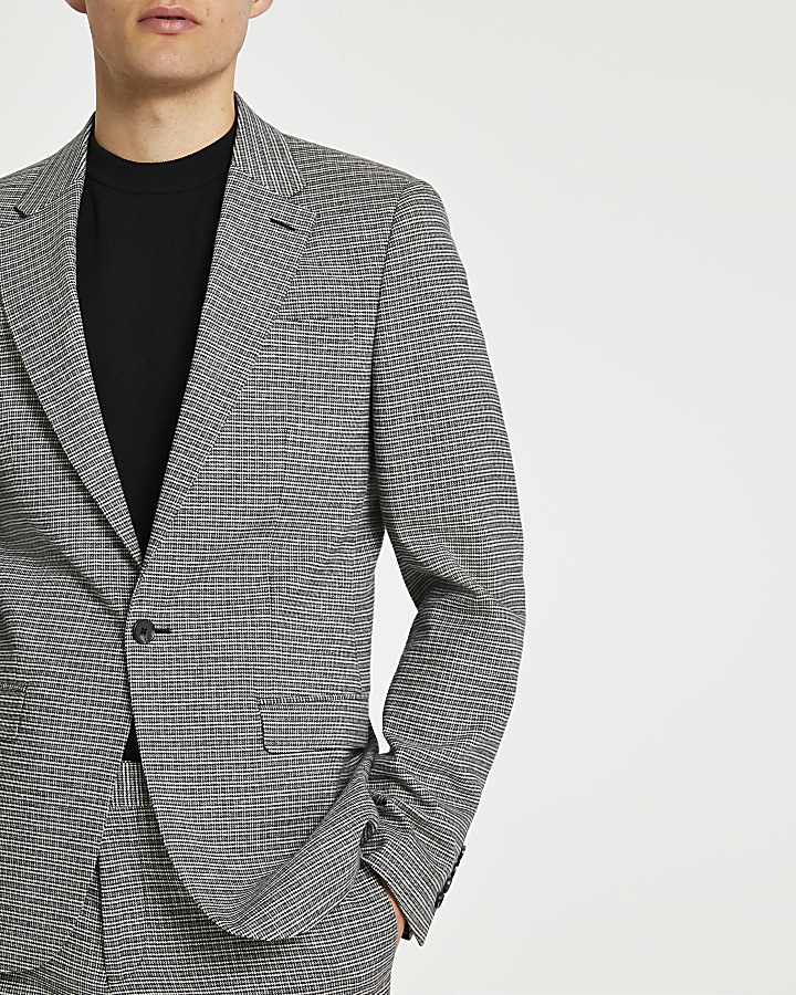 Grey check skinny fit suit jacket