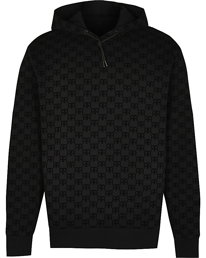 Black 'RR' Monogram print slim fit hoodie