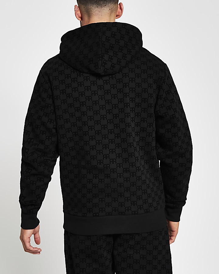 Black 'RR' Monogram print slim fit hoodie