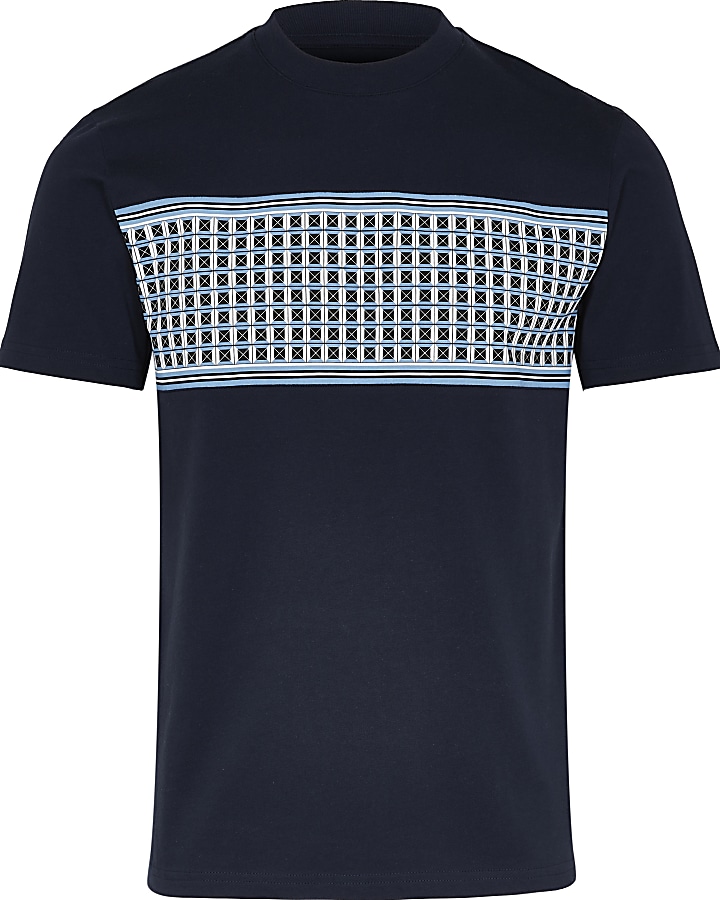 Navy geometric panel slim fit t-shirt