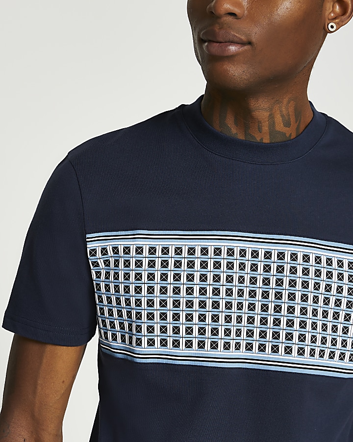 Navy geometric panel slim fit t-shirt