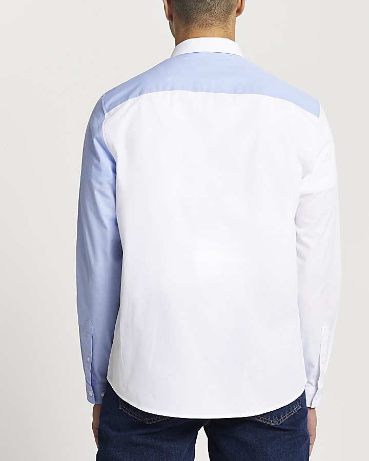 Blue colour block long sleeve poplin shirt