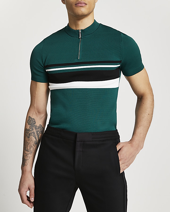 Green colour bock zip short sleeve polo shirt
