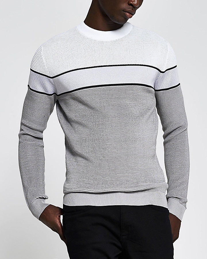 Grey blocked knitted waffle slim fit jumper
