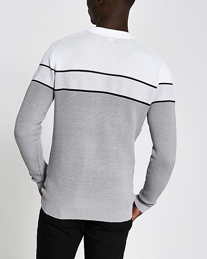 Grey blocked knitted waffle slim fit jumper