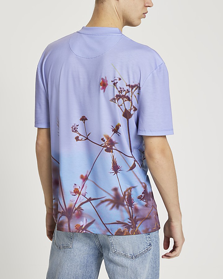 Blue floral print short sleeve t-shirt